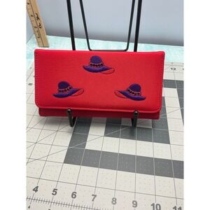 Red Embroidered Hat Wallet Clutch Purse Women Snap Closure